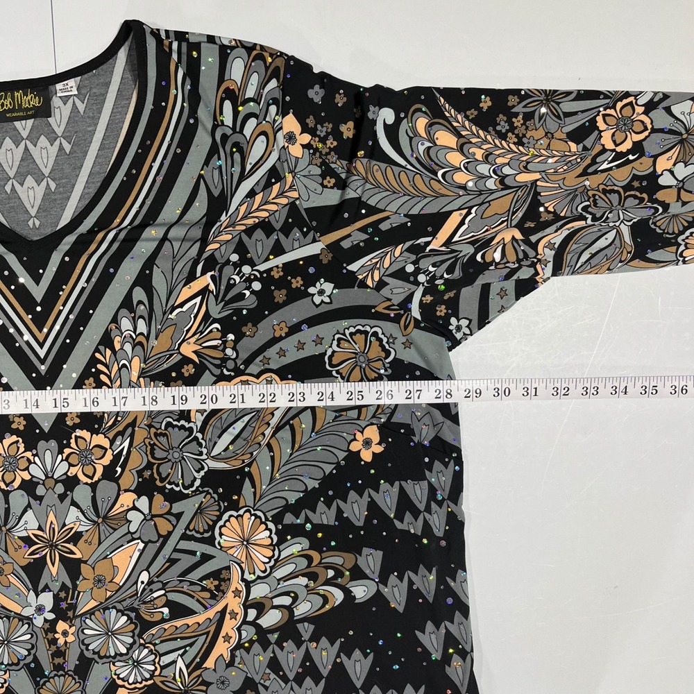 Bob Mackie Black Floral V-Neck Long Sleeve Blouse with Gray and Tan Accents. - Picture 8 of 11